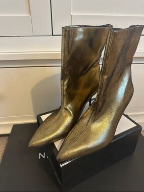 Zara Metallic Bronze Pointed-Toe Stiletto Ankle Boots